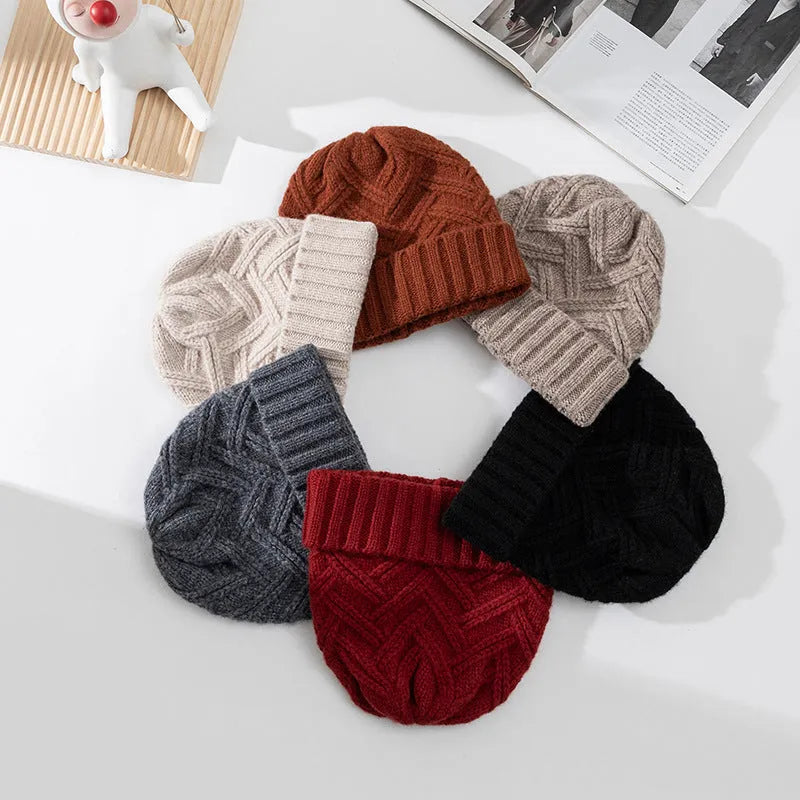 Wool knitted women's winter hat with dome crown in six colour options showing ivory white, khaki, ankela red, golden brown, goddess gray and obsidian black variations