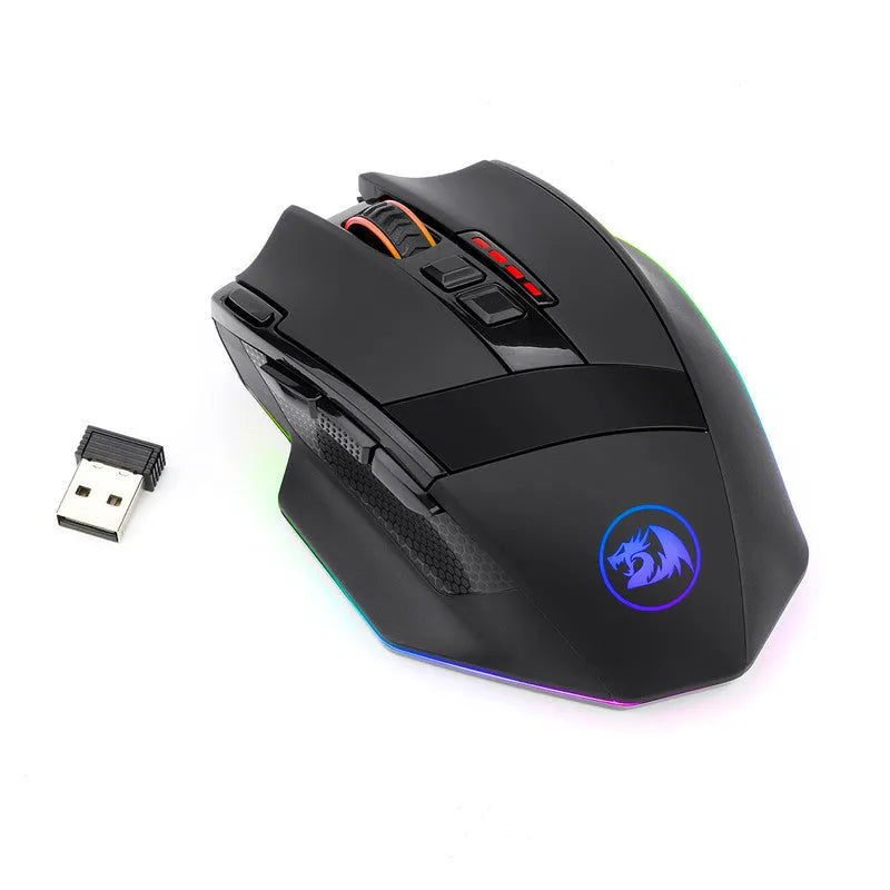 Redragon M801P black dual-mode wireless and wired gaming mouse with nine buttons on an ergonomic design.