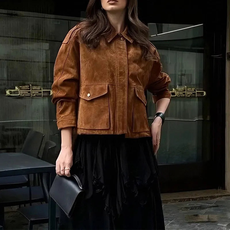 Women's bright brown polyester suede coat with regular sleeves, street chic design