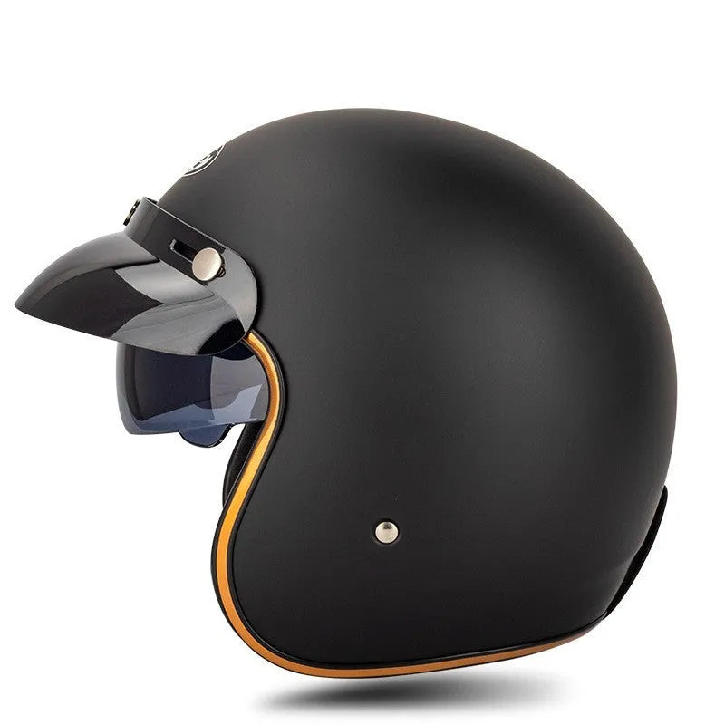 Retro electric bike half helmet in ABS plastic showing colour options including black, grey, orange and yellow designs