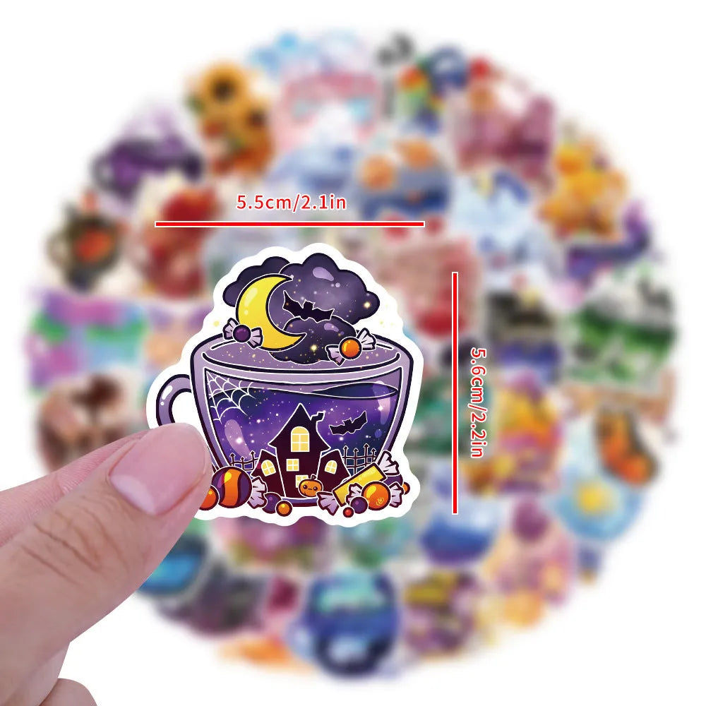 Colourful tea cup graffiti design waterproof stickers in a pack of 50 for scooter and luggage customisation.