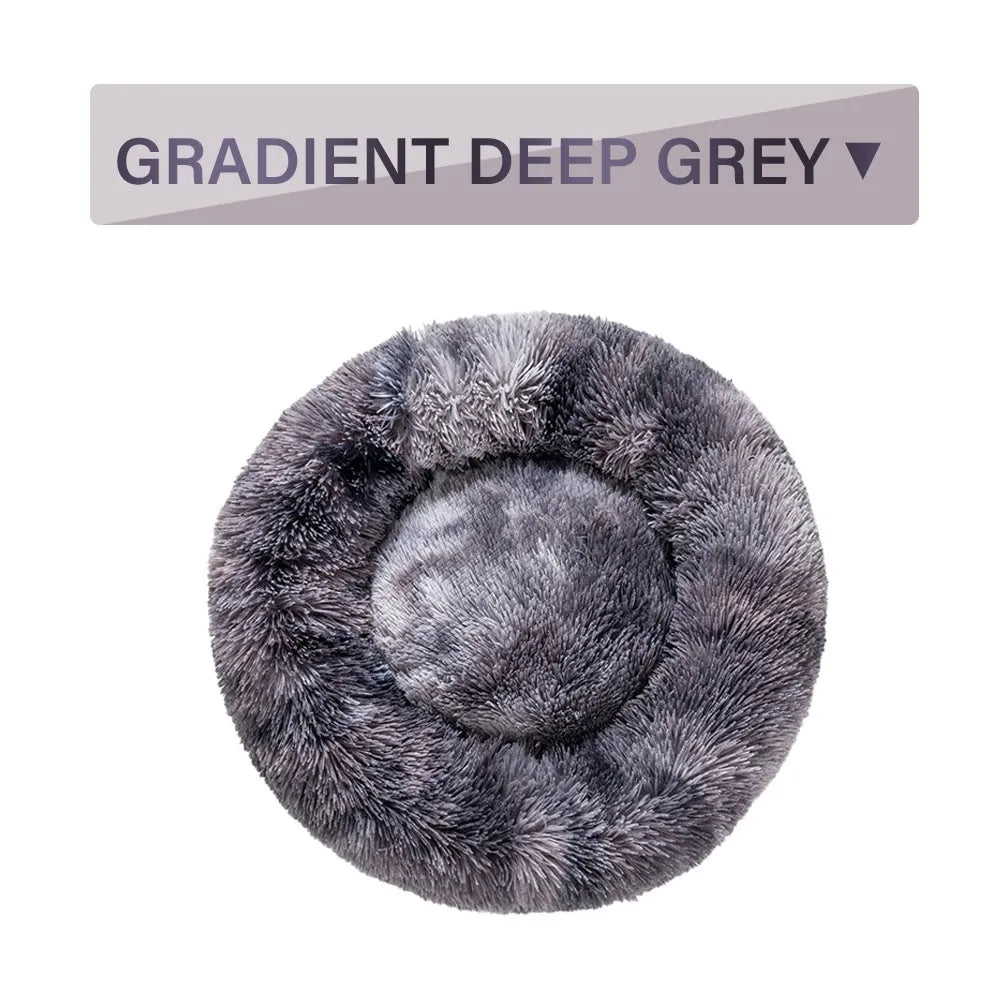 Donut-shaped long plush pet bed with raised sides, shown in a neutral colour.