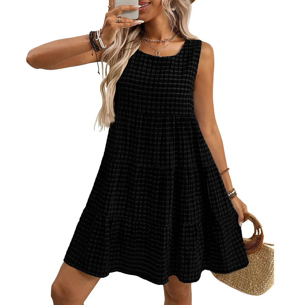 Women's loose sleeveless plaid dress with oversized swing skirt in light blue colour