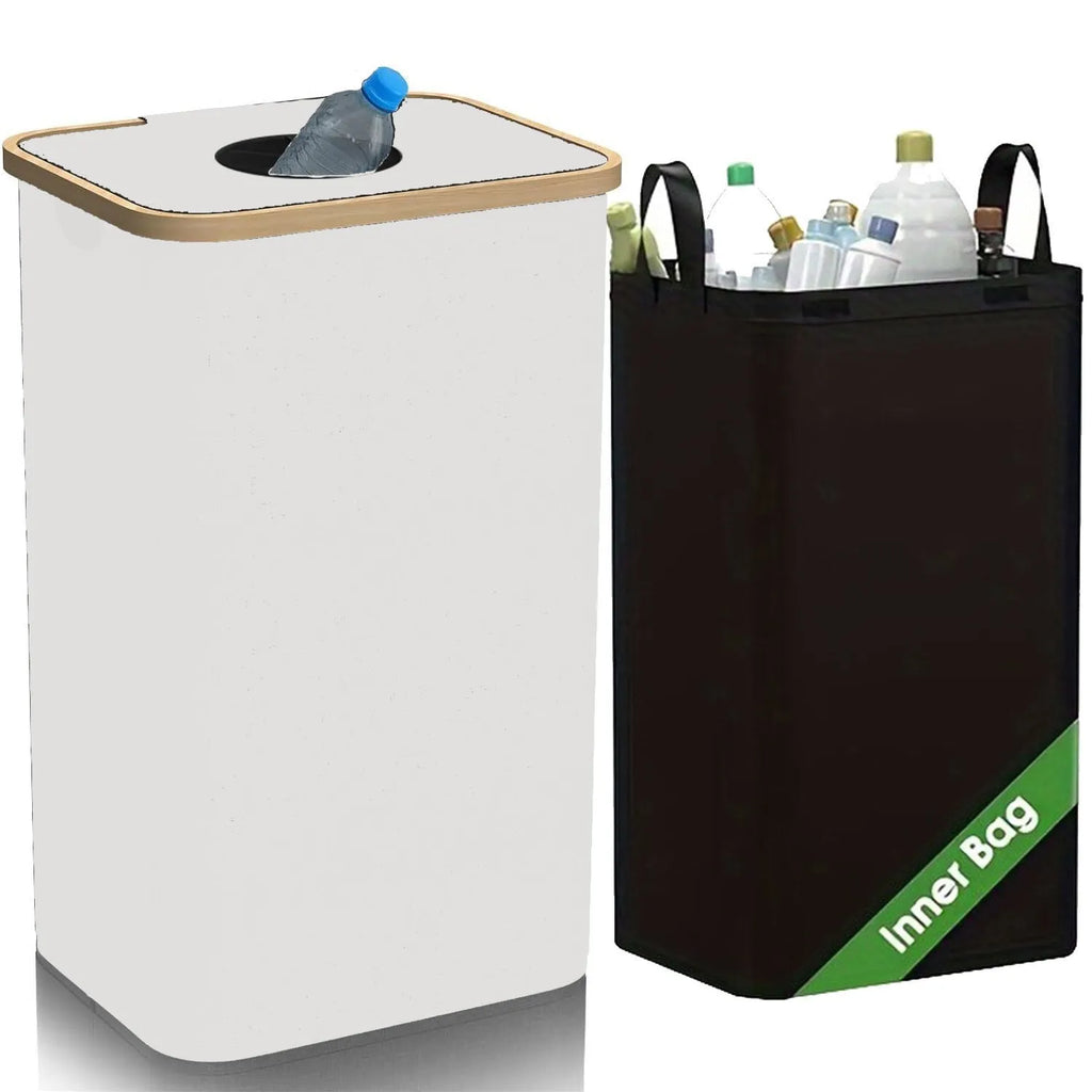 Black bamboo laundry basket with removable lid showing double inner pockets and Oxford cloth material