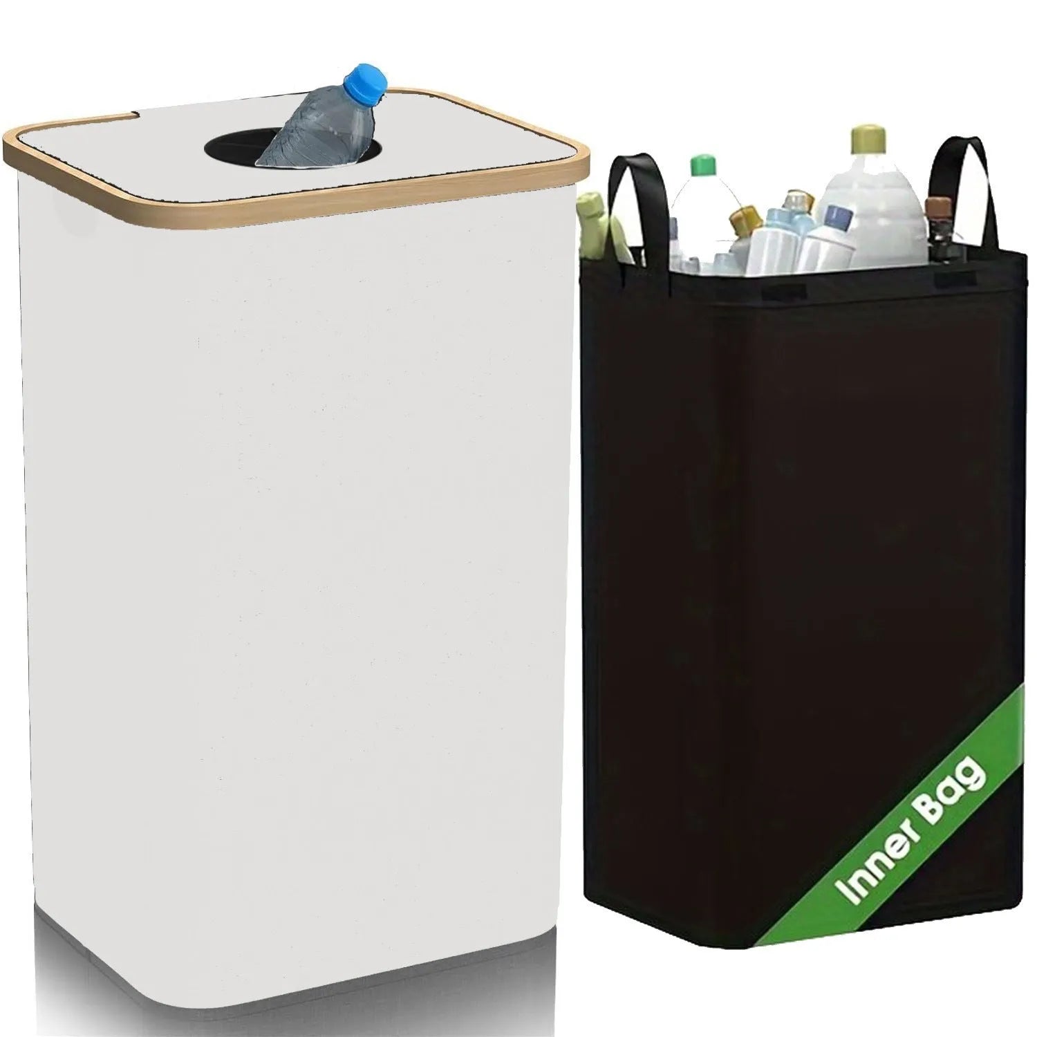 Black bamboo laundry basket with removable lid showing double inner pockets and Oxford cloth material