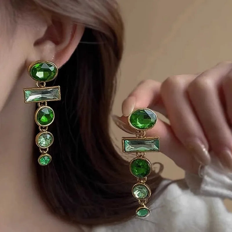 Green gradient retro tassel earrings with geometric Chinese style design and alloy metal construction