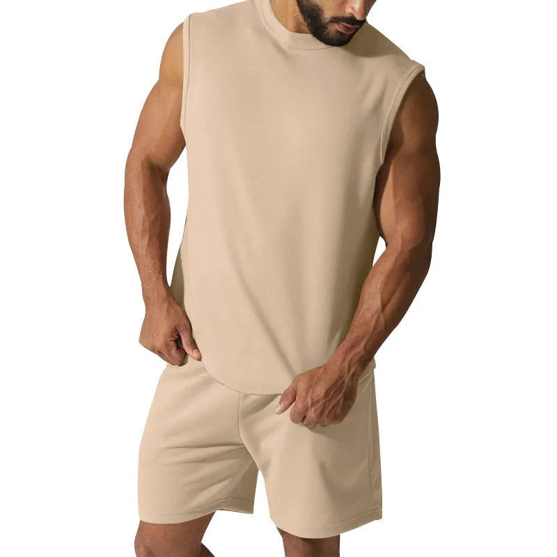 Men's sleeveless sports suit two-piece set in cotton blend fabric showing top and matching shorts