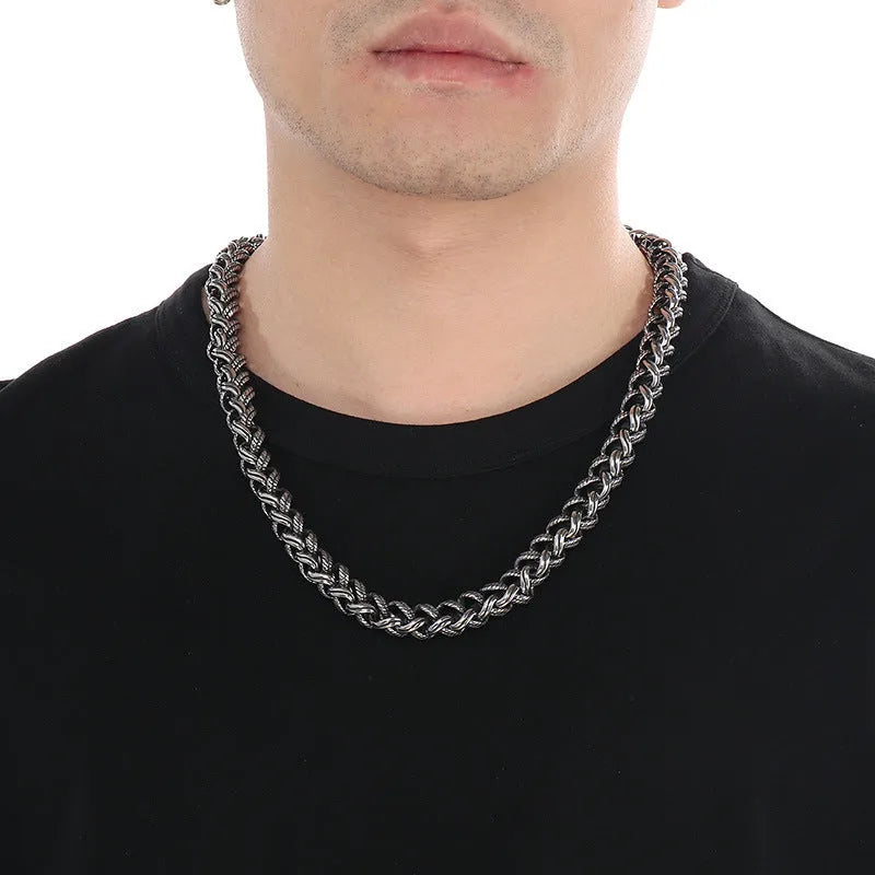 Men's geometric titanium steel necklace with hemp flower chain in antique silver colour