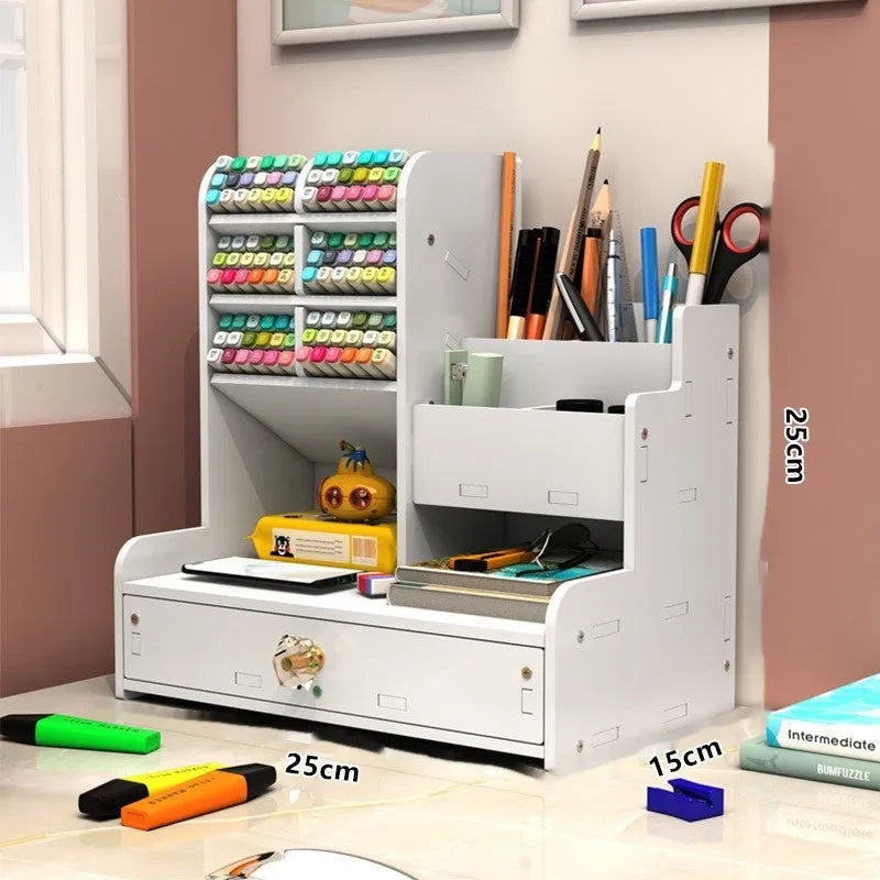 Square plastic pen holder storage box with multiple oblique insertion compartments on a desk.