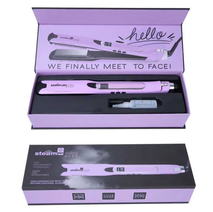Mini hair straightener with steam spray function in rose red colour on a white background.