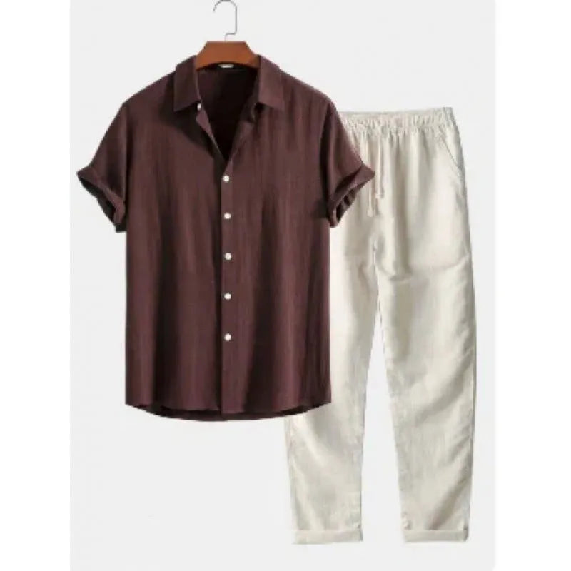 Men's casual short sleeve shirt and trousers suit in polyester linen fabric with loose fit