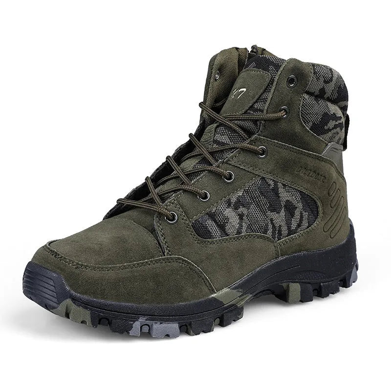 Men's black high-top hiking shoes with artificial PU upper and metal detail.