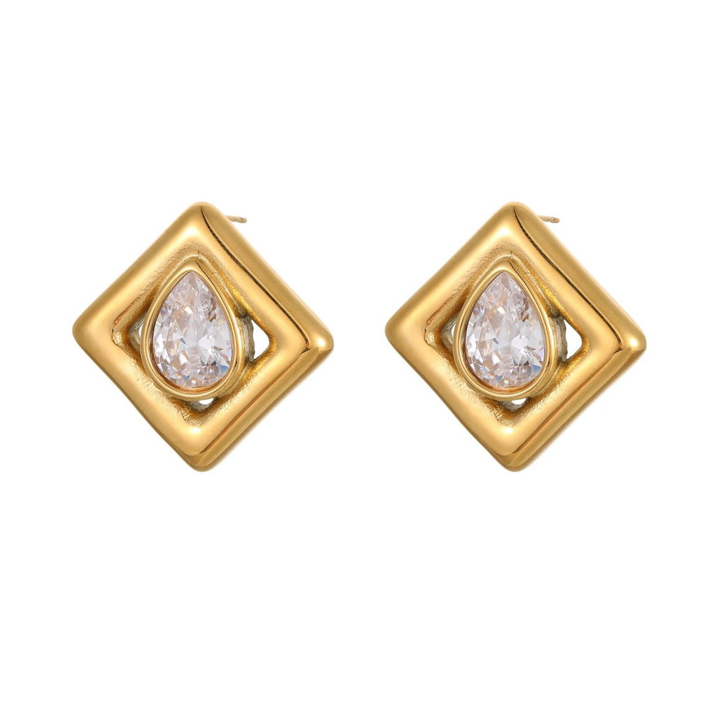Gold stud earrings with geometric water drop zircon stones on stainless steel
