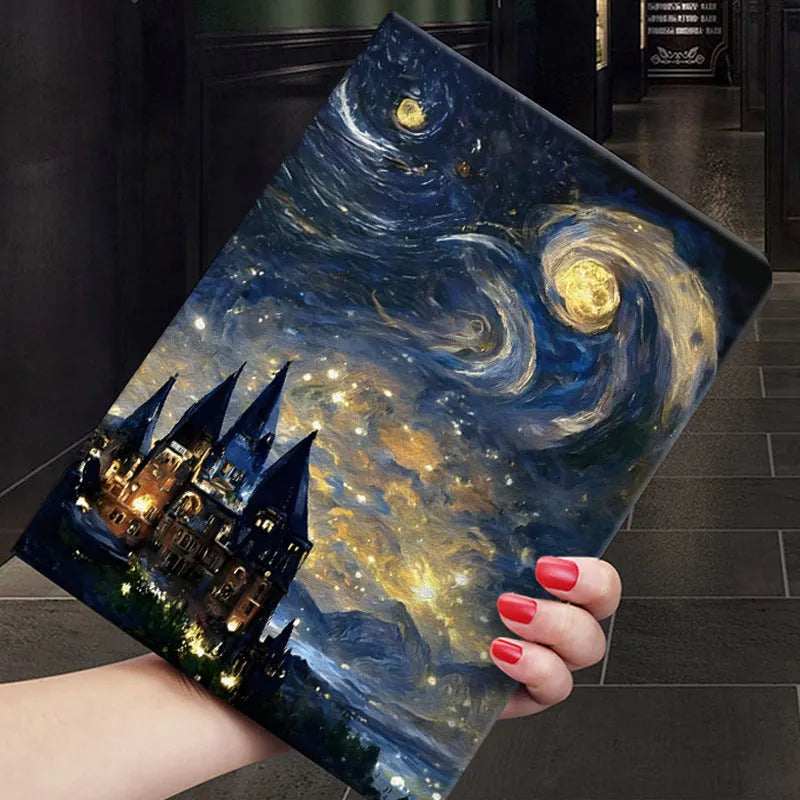 Handmade liquid silicone iPad flip case with custom floral oil painting design in Apricot Flower colour.