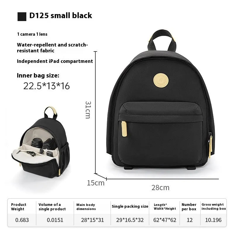 Women's solid-colour shoulder camera bag with a detachable iPad pocket in splash-proof polyester fabric.