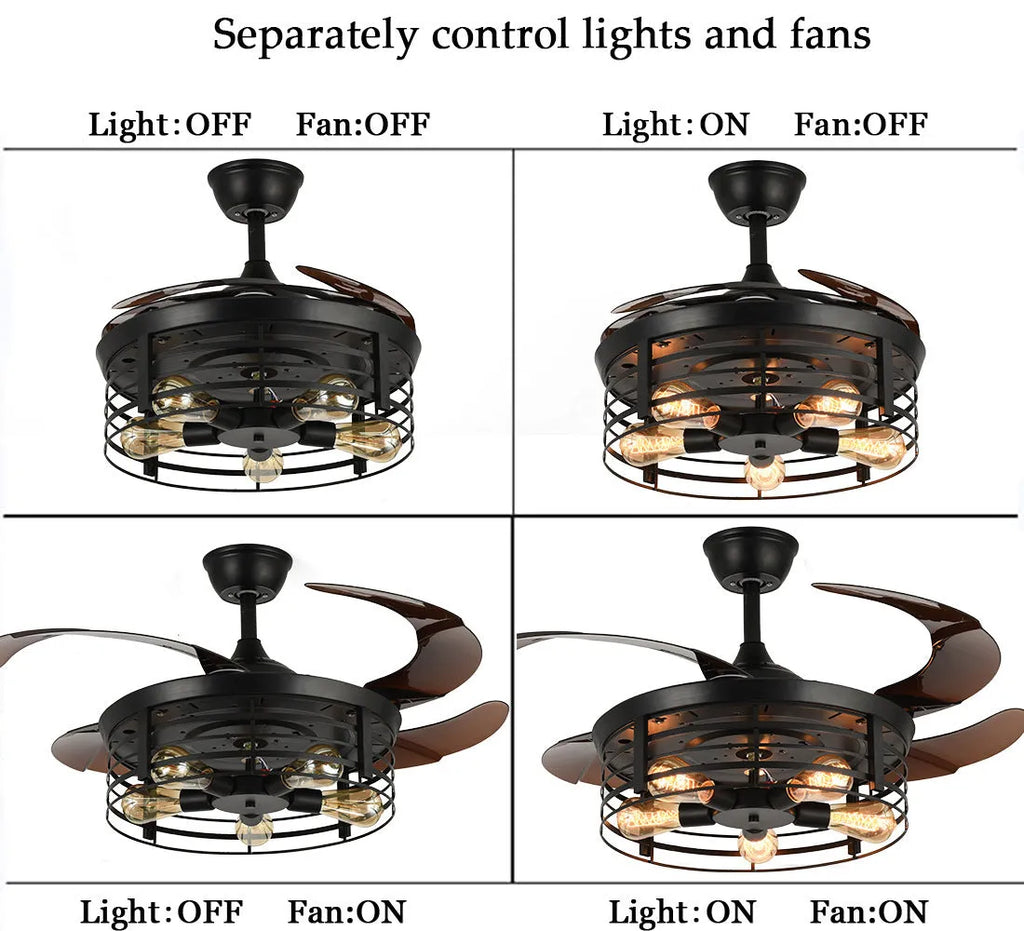 Industrial American retro style ceiling fan with integrated light and invisible acrylic blades.