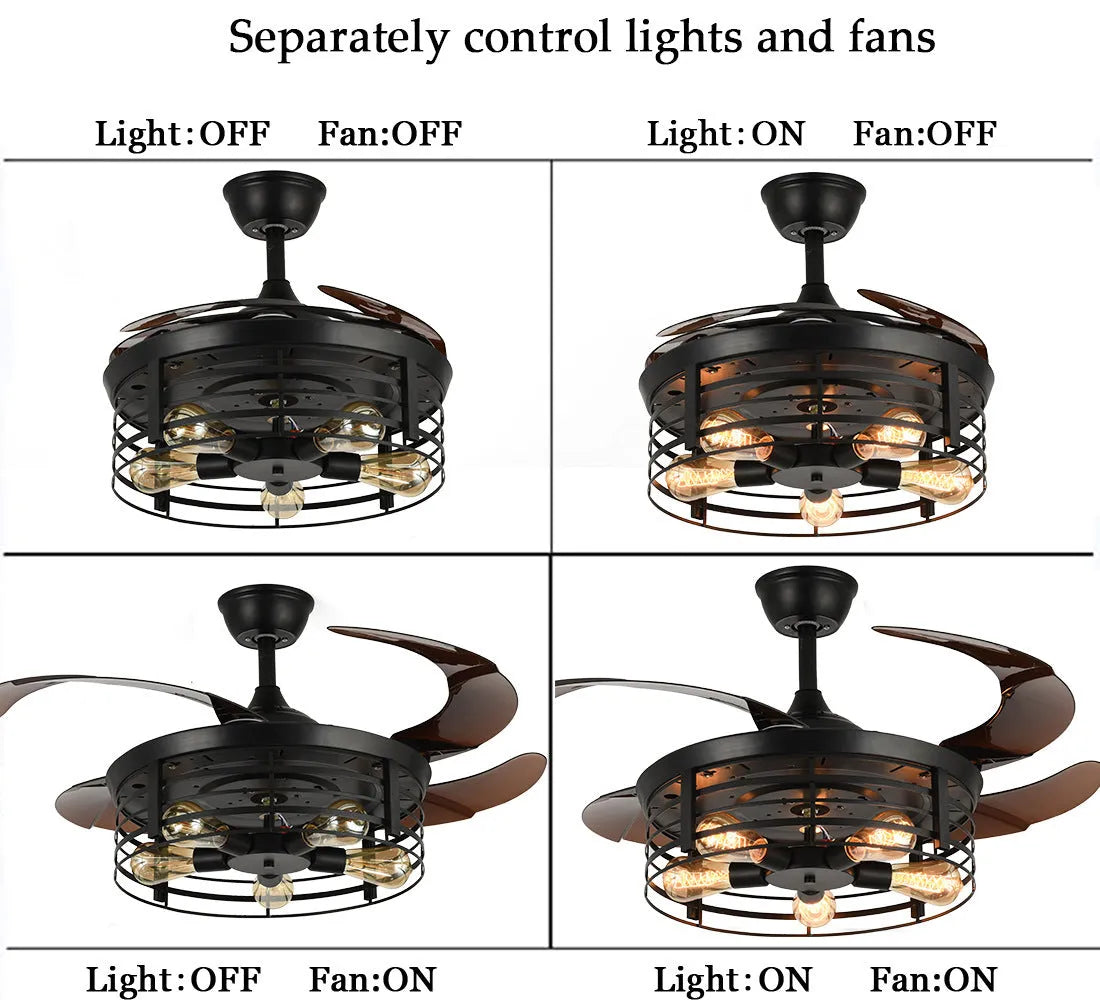 Industrial American retro style ceiling fan with integrated light and invisible acrylic blades.