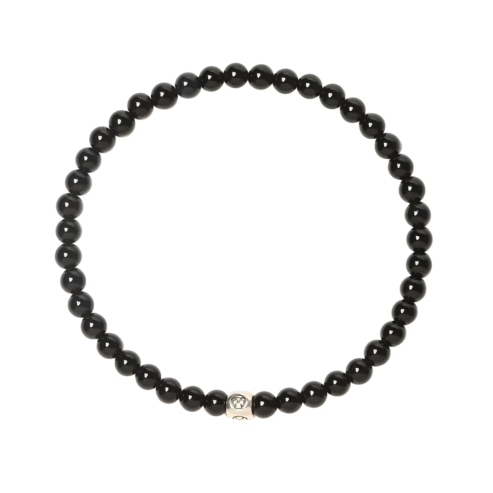 Fine geometric agate bracelet with round and square 4mm beads in obsidian, blue san, and black agate colours.