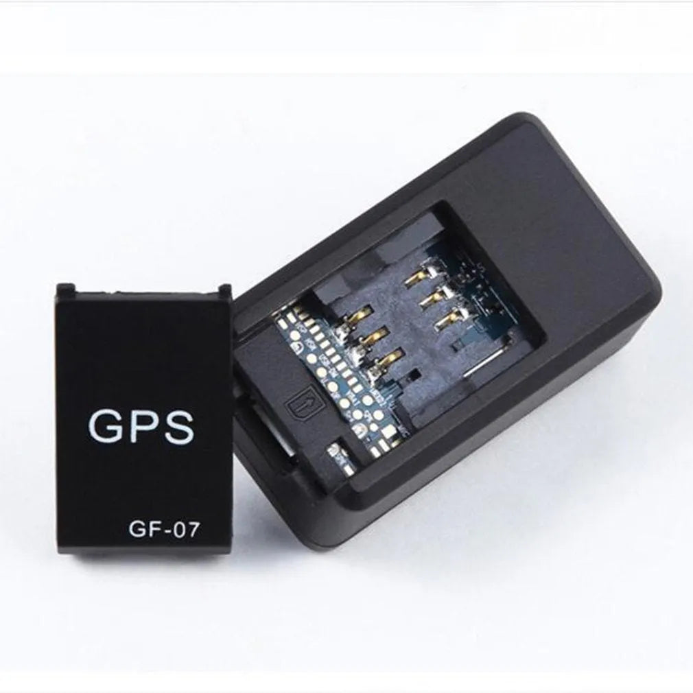 Black mini magnetic GPS car tracker device with compact rectangular design for vehicle attachment