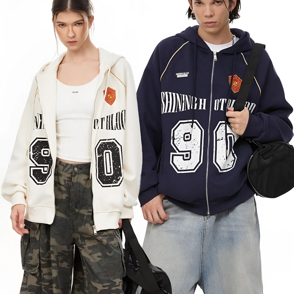 Women's loose fit hooded cardigan jacket with retro letter embroidery detail in apricot colour