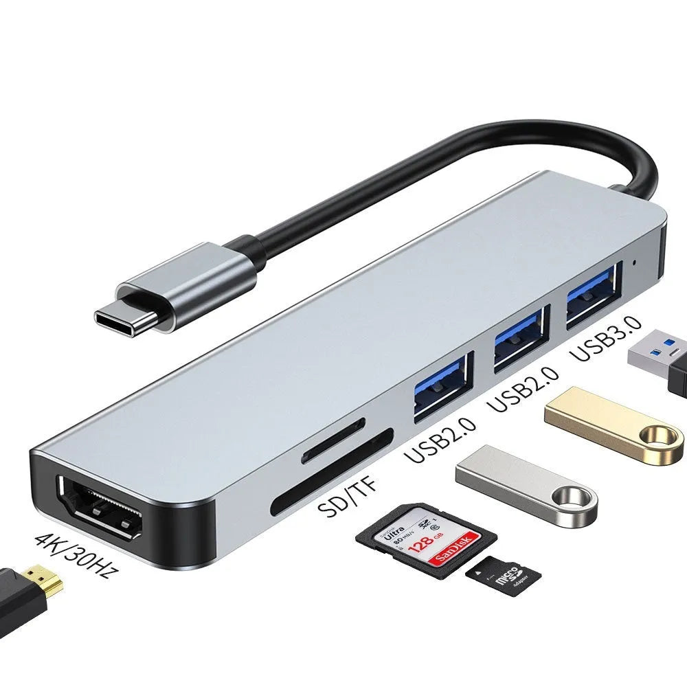 Portable six-in-one Type-C expansion dock for notebooks and tablets with 13.5cm cable