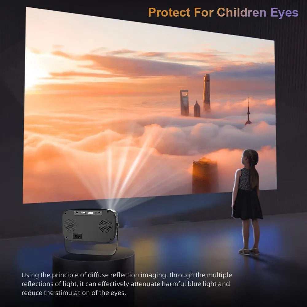 Black HD portable projector with Android system, remote control, and cables on desk