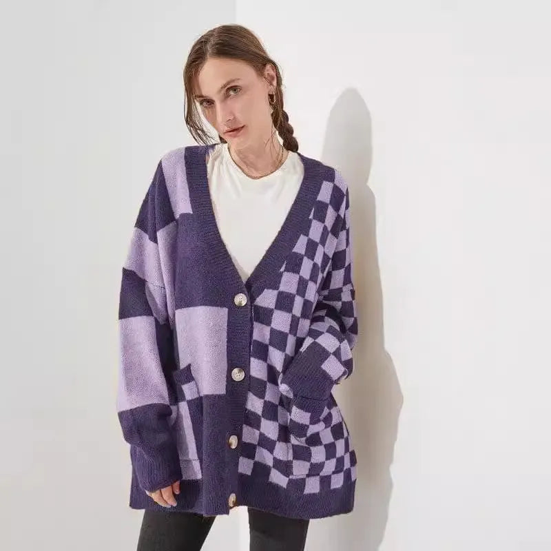 Loose fit printed checks cardigan knitwear in multiple colour options showing front view