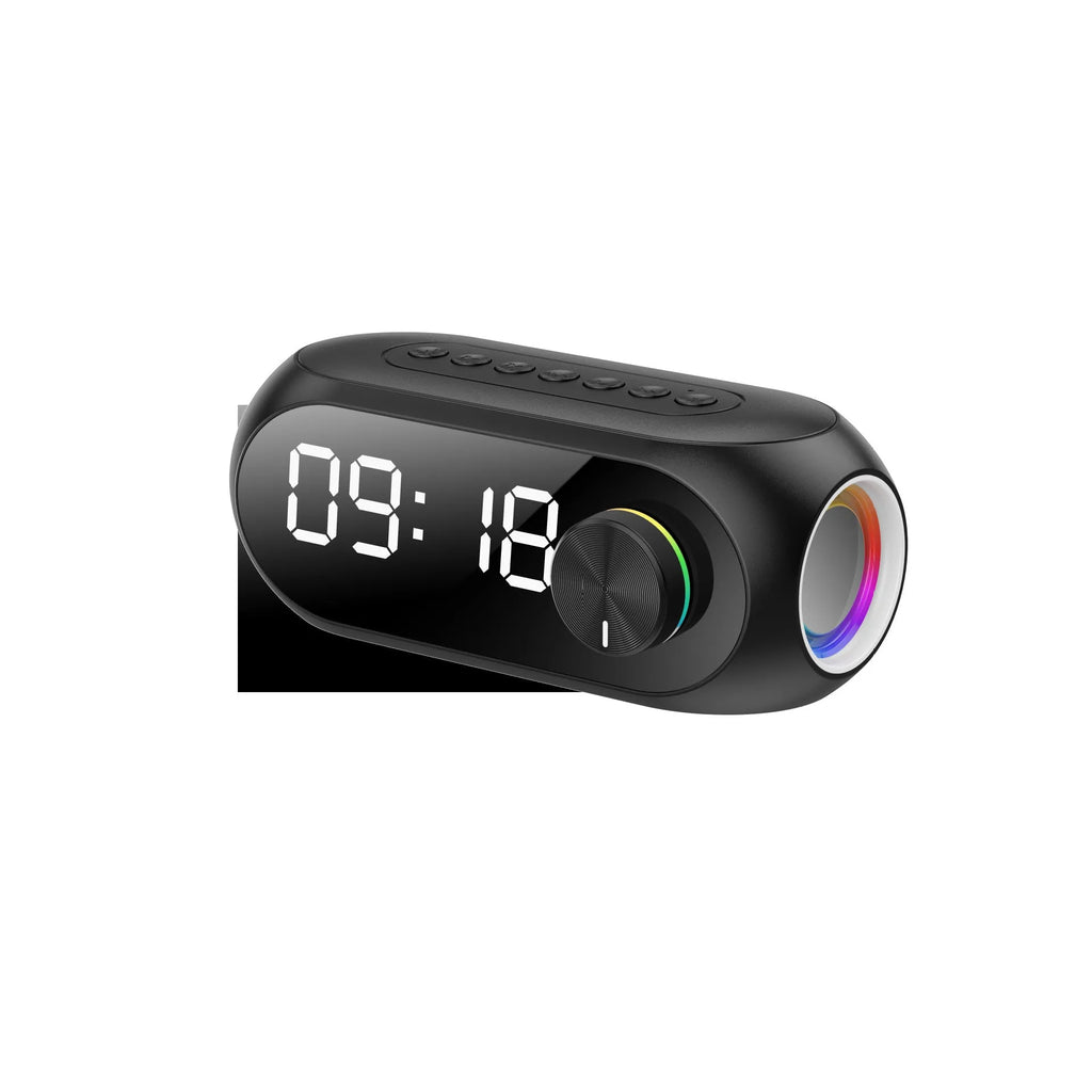 Portable mini speaker with extra bass features and digital clock display in black, blue, or white colour options
