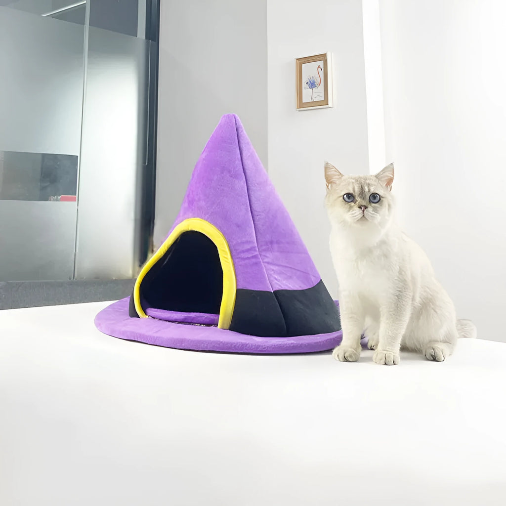 Purple Halloween witch hat shaped cat bed measuring 60x45cm for kittens and small cats