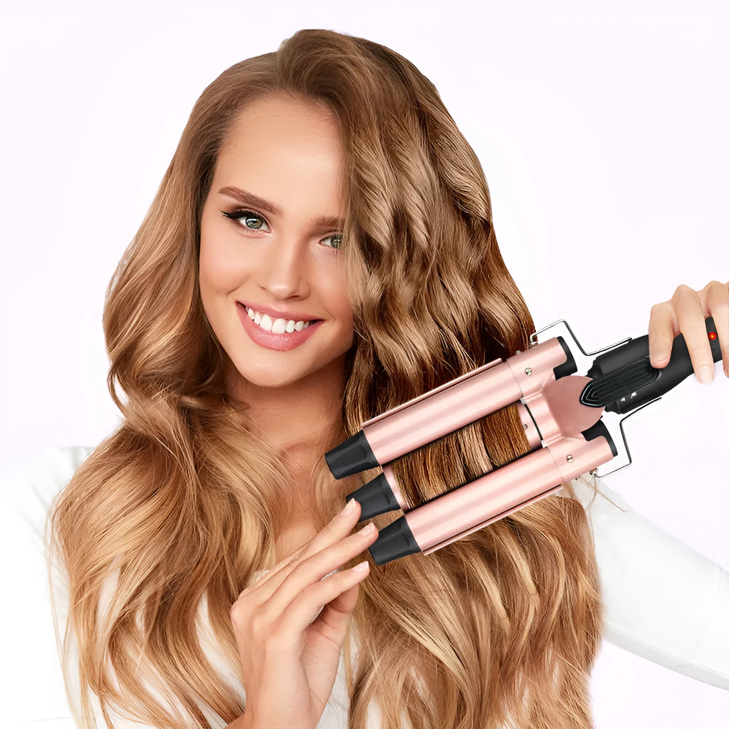 Three-tube water wave hair curler with dual curling and straightening functions on wired AC power