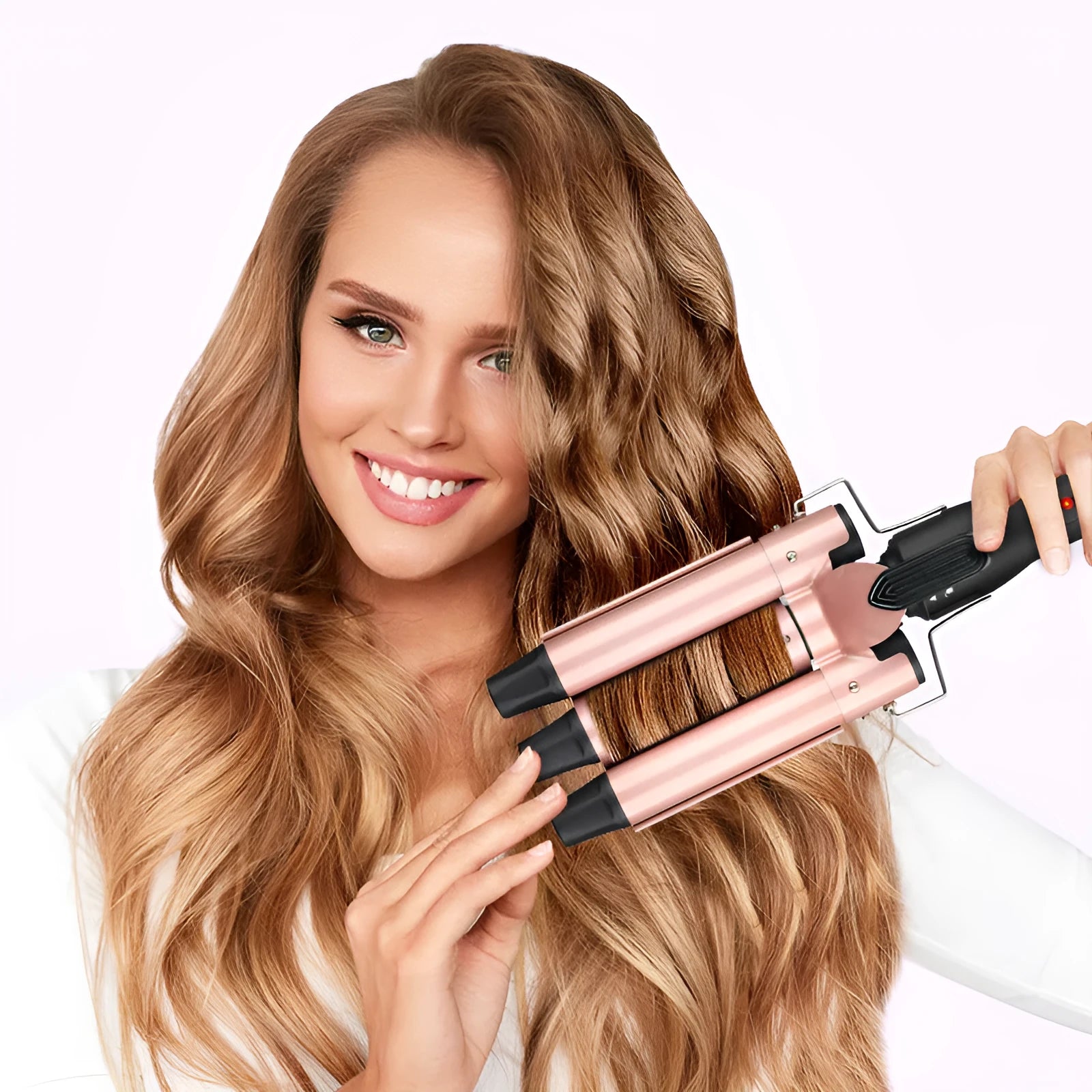 Three-tube water wave hair curler with dual curling and straightening functions on wired AC power