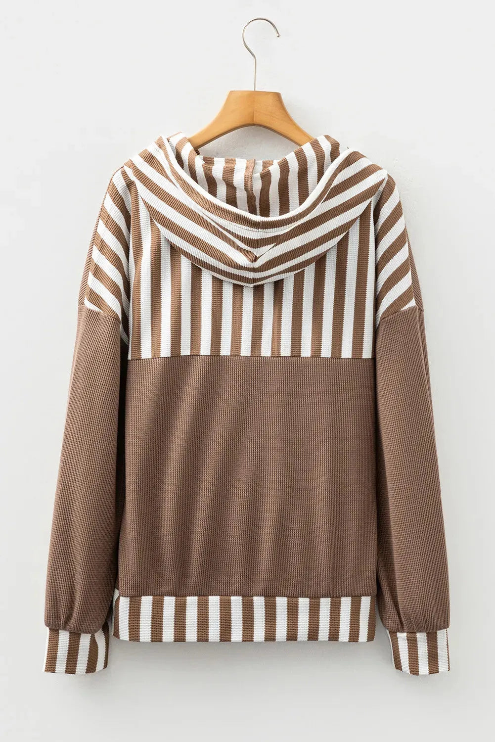 Straw yellow waffle texture striped patchwork hoodie with button neck and drawstring