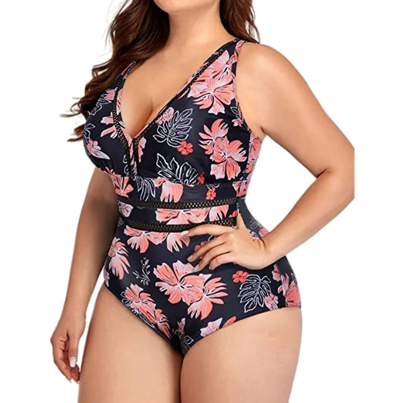 Black floral print plus size women's bikini swimsuit made from polyester mesh fabric.