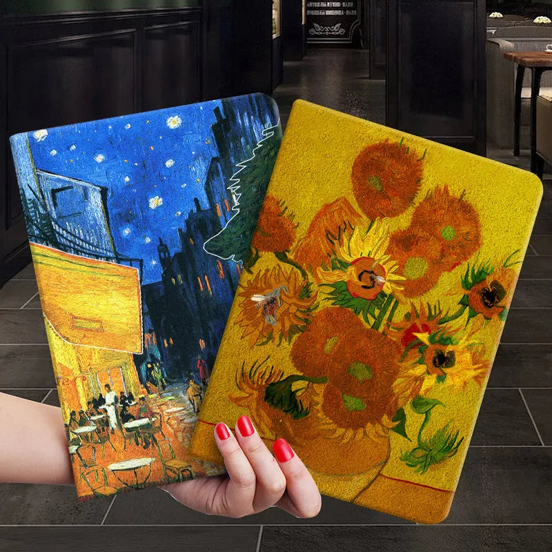 Handmade liquid silicone iPad flip case with custom floral oil painting design in Apricot Flower colour.