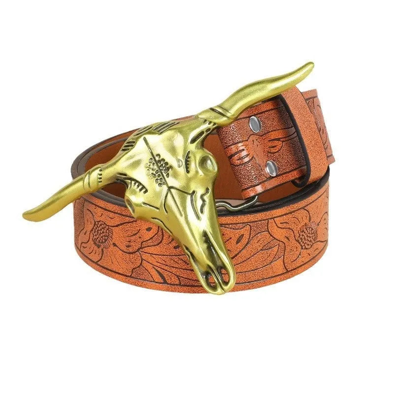 Men's black imitation leather belt with a detailed metal cow head buckle and pin clasp.