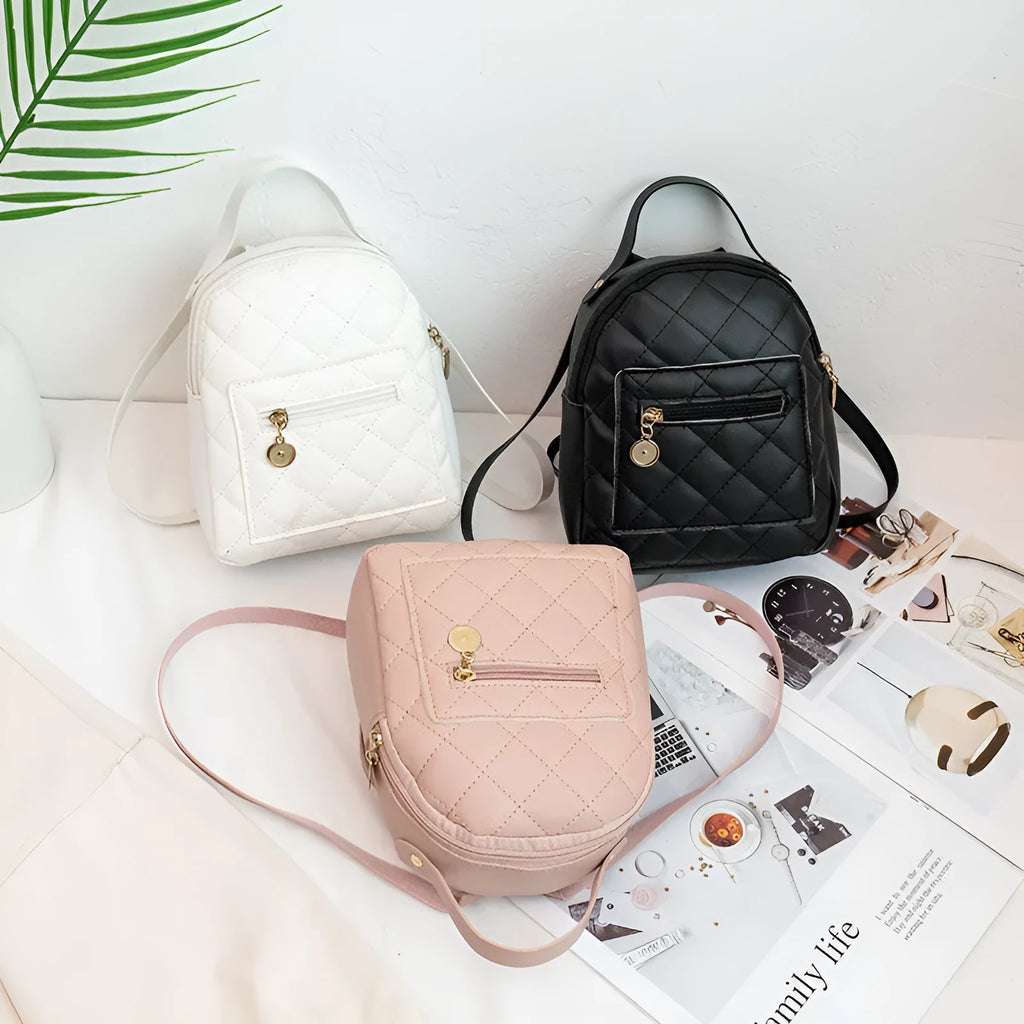 Hard shell square girls backpack with embroidery in black, pink, or white colours.