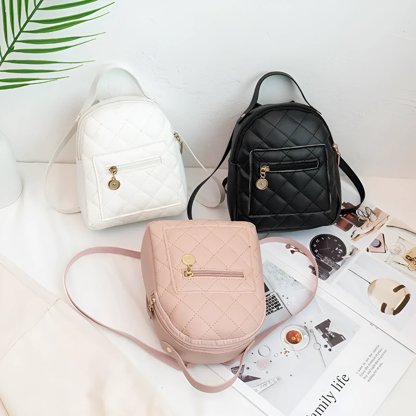 Hard shell square girls backpack with embroidery in black, pink, or white colours.