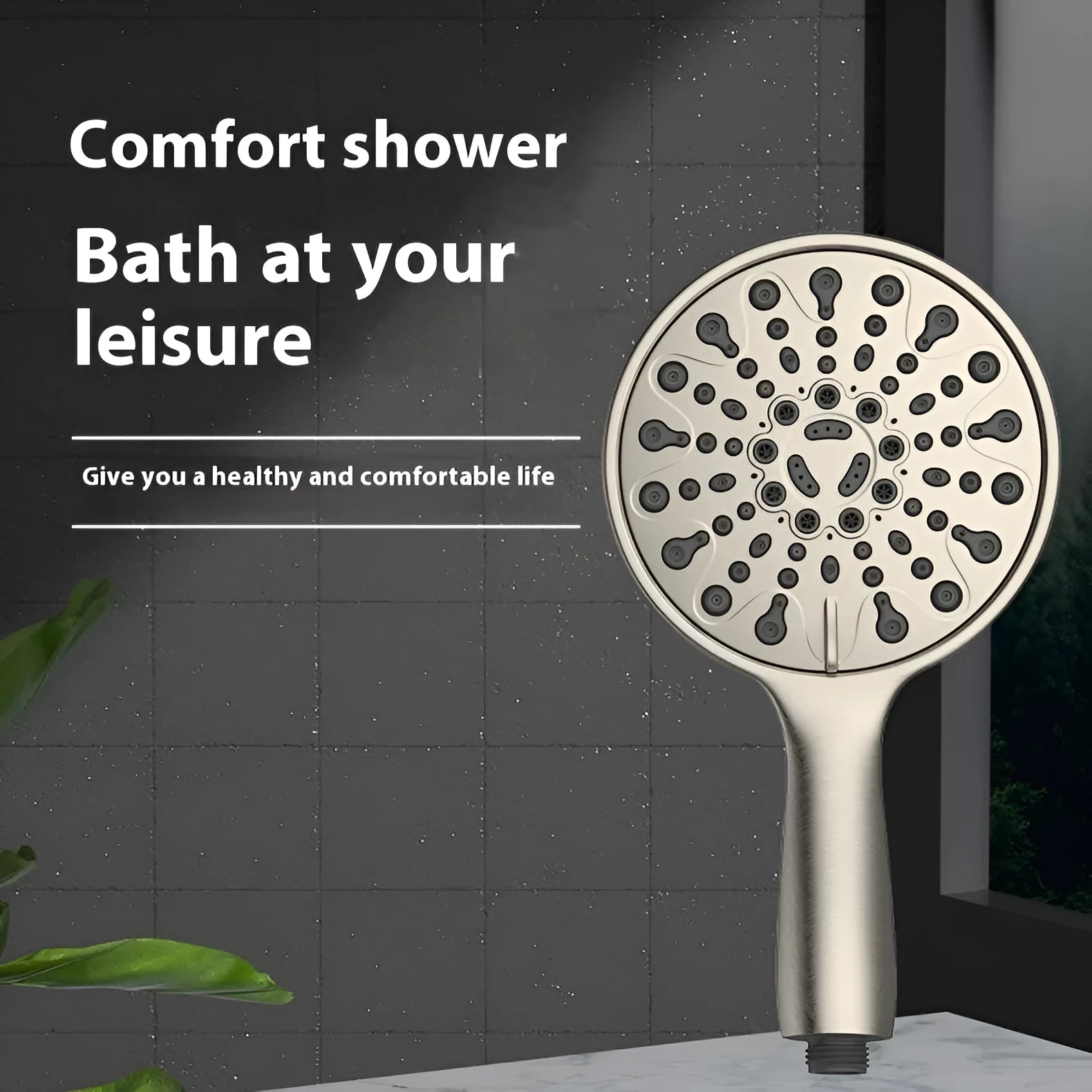 6-inch chrome handheld shower head with six function selector showing massage, bubble, and rain modes