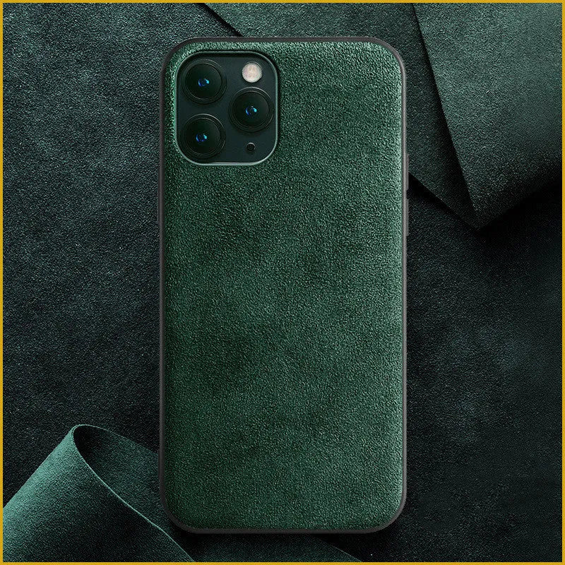 Suede back cover phone case for iPhone in elegant black, dark night green and dark blue.