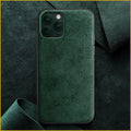 Suede back cover phone case for iPhone in elegant black, dark night green and dark blue.