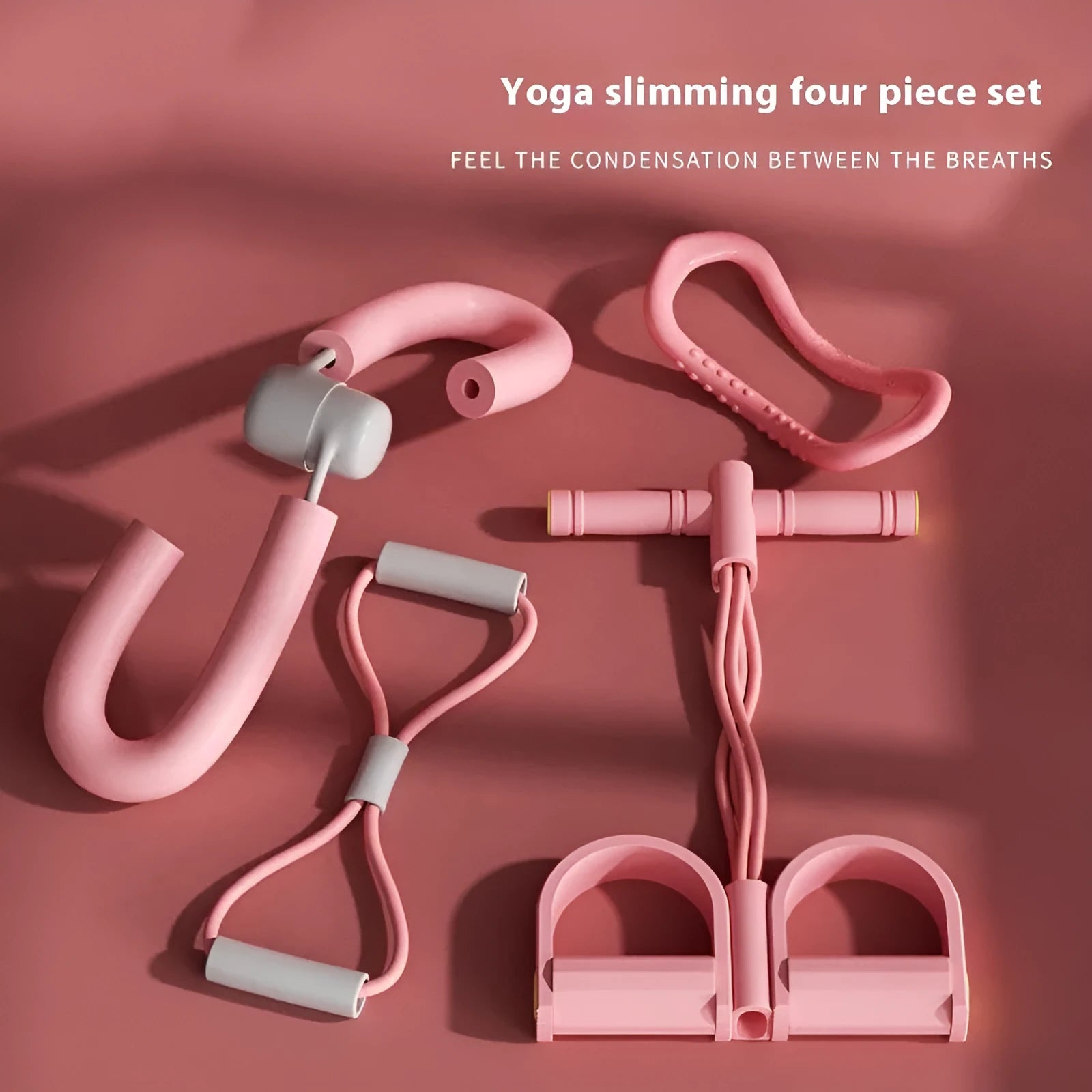 Yoga four piece fitness set with leg stretching device, yoga ring, pedal tensioner and figure eight rope