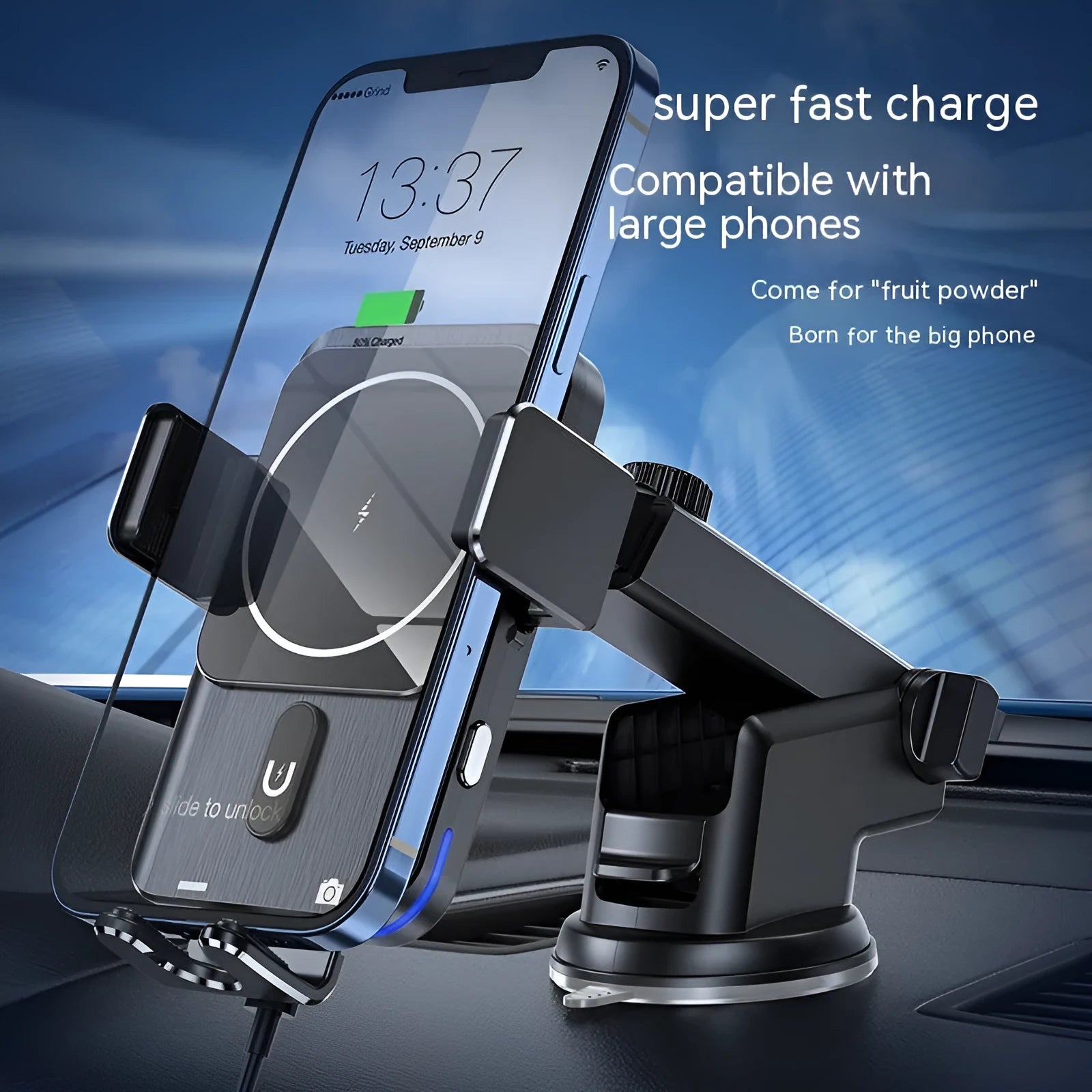 Black car wireless phone charger holder with 15W charging, showing both suction cup and clip mounting options