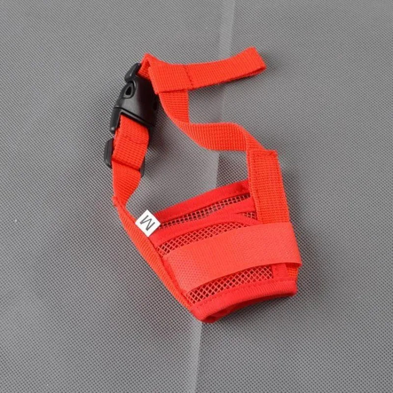 Adjustable plastic dog muzzle in multiple colours showing five size options for biting and barking control