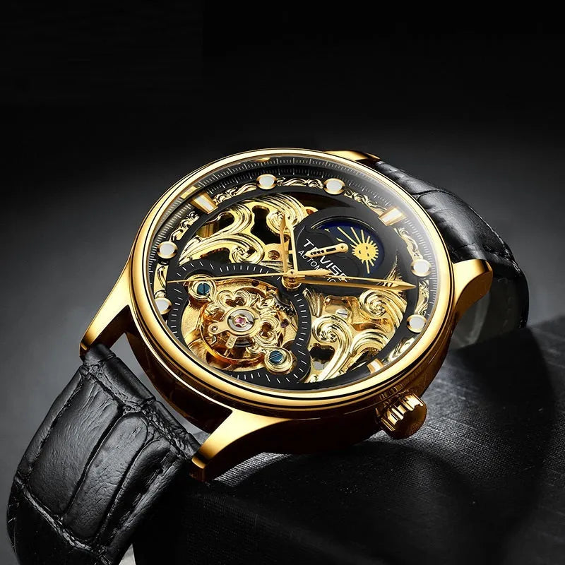 Men's automatic waterproof mechanical watch with 16mm case and leather strap