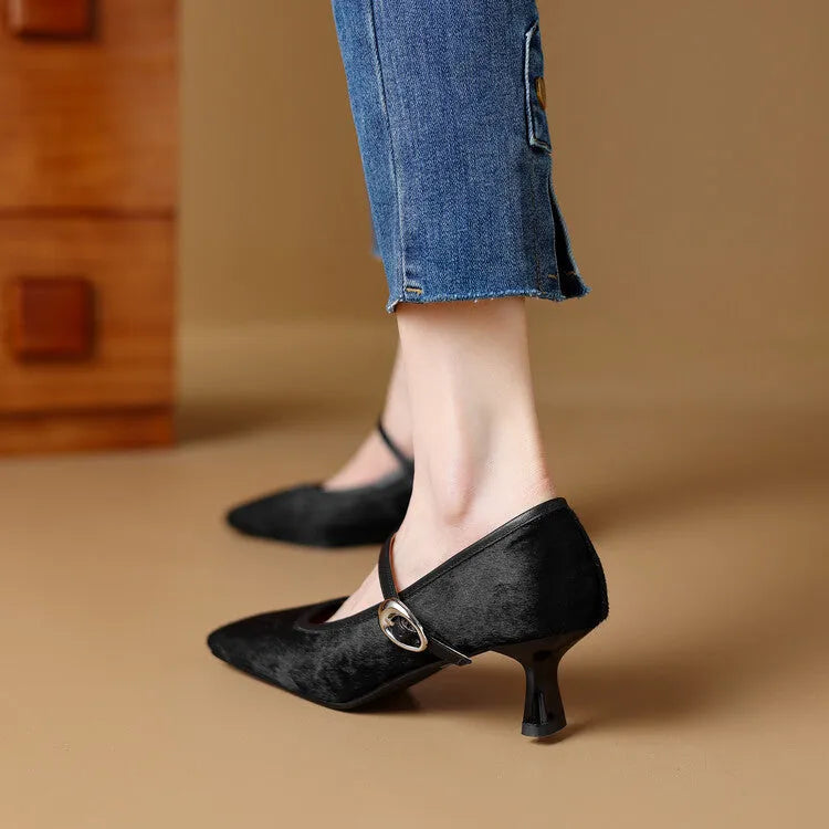 Women's black square toe stiletto heel ankle-strap shoes with horse hair upper and buckle closure