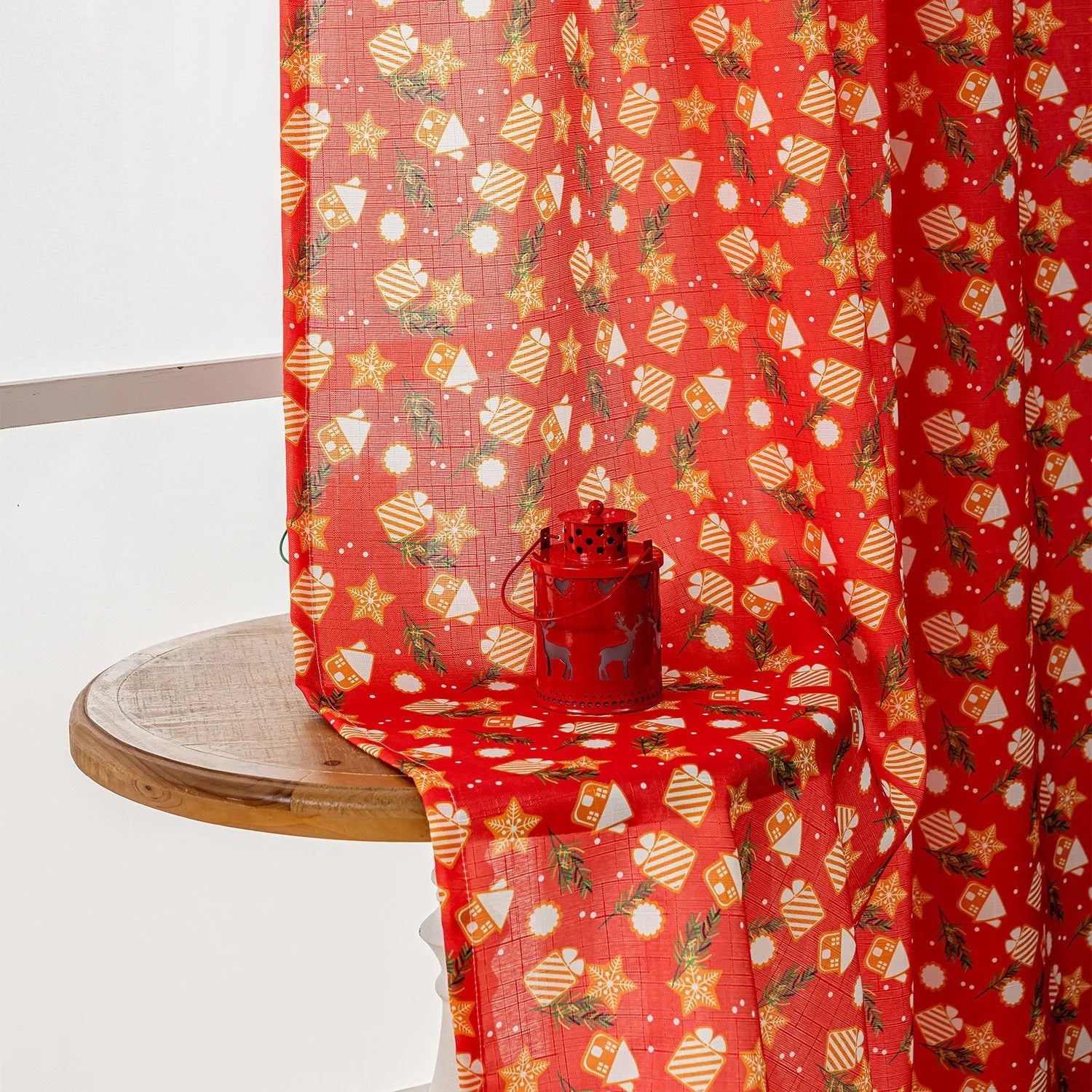 Christmas curtain with cartoon snowman and angel print in red colour