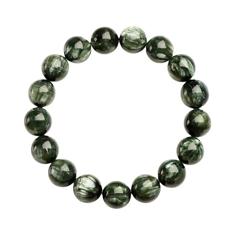 Green Dragon Crystal bracelet with 8-9mm round beads featuring geometric Ruyi design elements