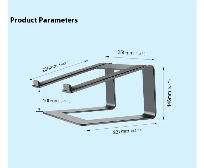 Black aluminium alloy laptop stand on desk with laptop elevated for cooling