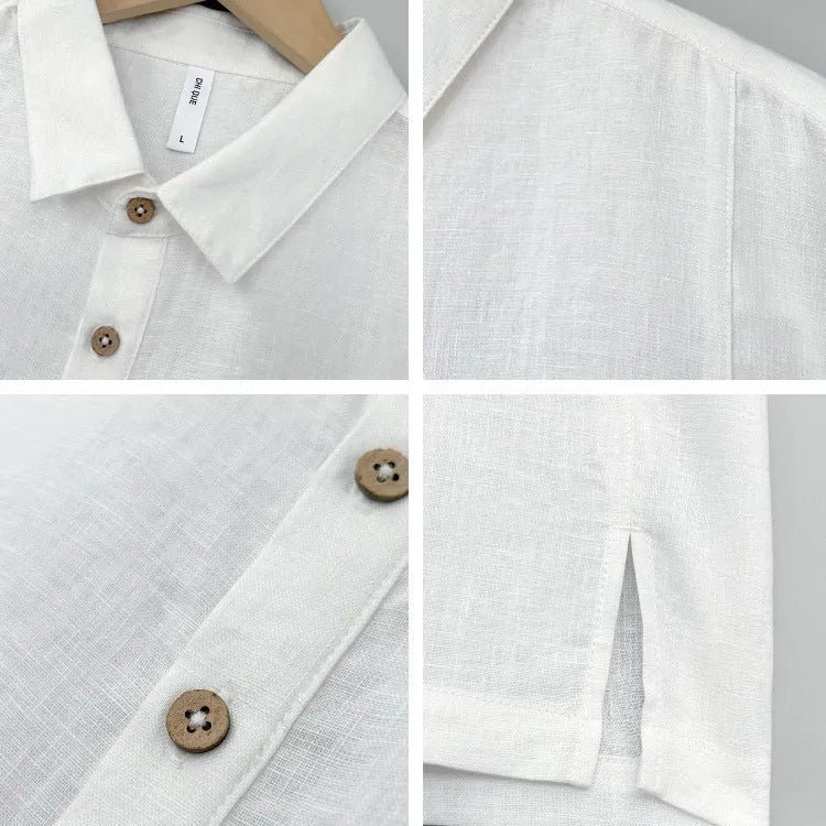 Men's linen summer top with thin lapels and short sleeves in a loose fit.