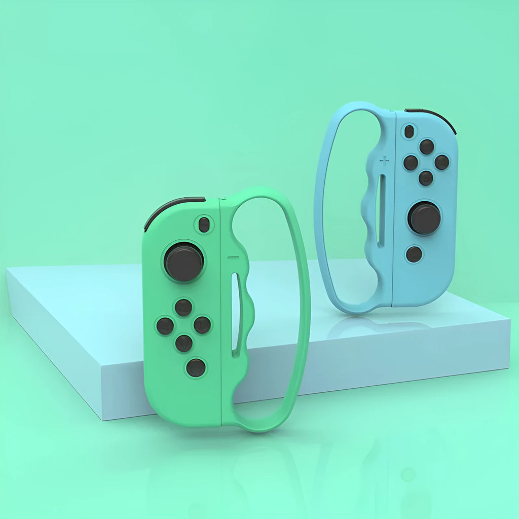 Two Joy-Con controller handle grips with hand ropes in blue red colour